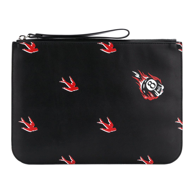 Mcq 麦昆男女同款皮质燕子印花手拿包休闲商务手提包黑色