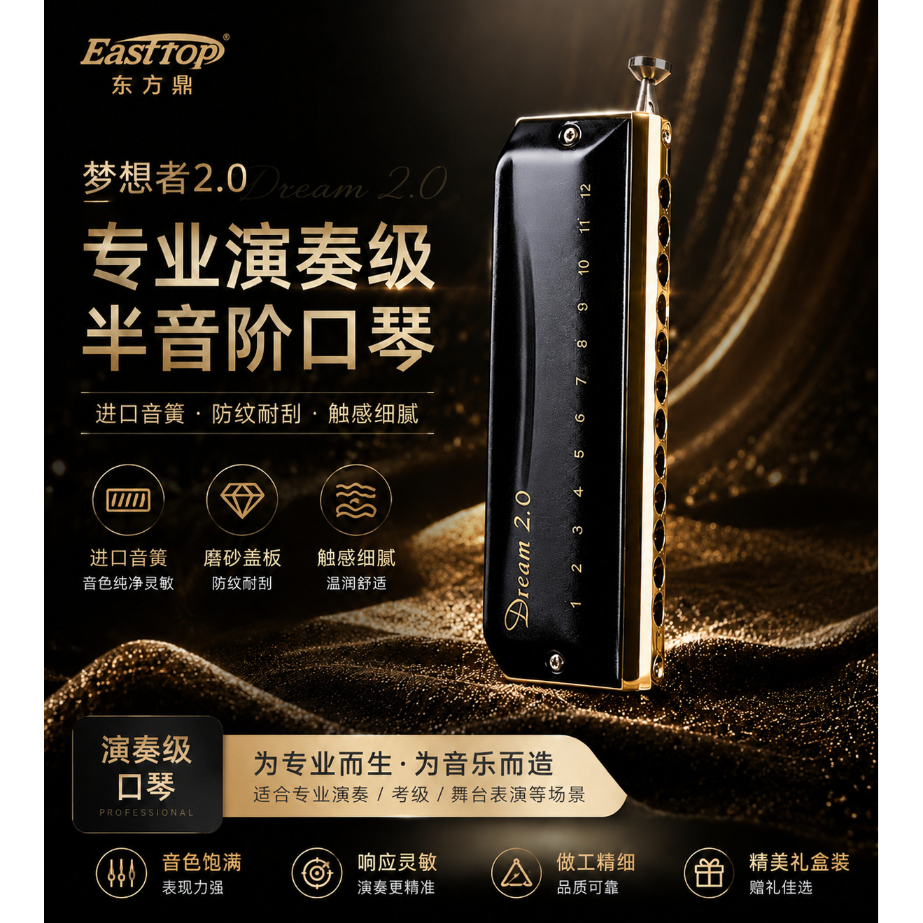 EASTTOP东方鼎半音阶口琴专业演奏12孔c调入门学生初学梦想者2.0