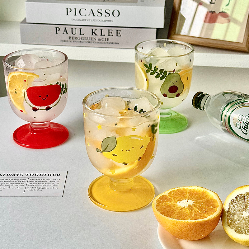 卡通杯子高脚玻璃杯女高颜值家用2025新款果汁杯冷饮杯牛奶杯