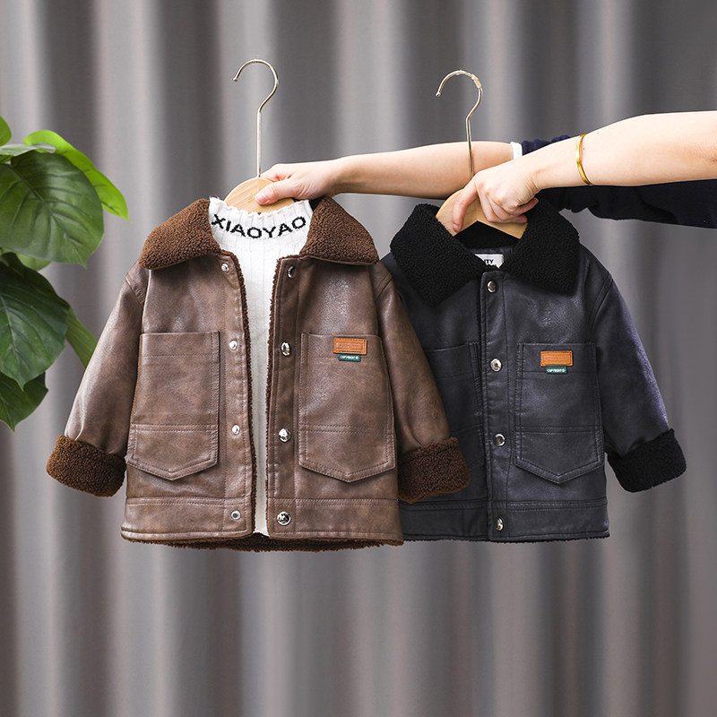 儿童冬款2024新款男童冬季加绒加厚皮衣夹克外套宝宝软皮中小童潮