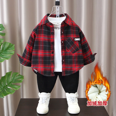 男童格子衬衫加绒秋冬季新款