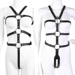 皮革PU手背后绑缚手铐内衣性感多绳勒胸镂空卡裆铁环情趣皮衣女士