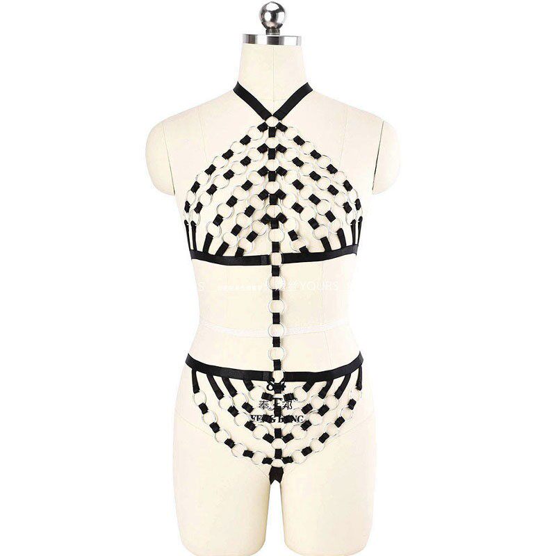 重工手作性感弹力带捆绑束胸衣金属圆环拼接连体绳衣欧美加肥大码