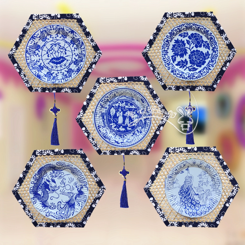 青花瓷纸盘竹编吊饰幼儿园环创装饰材料空中吊饰商场创意走廊挂饰