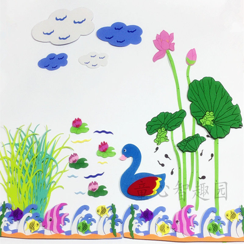 幼儿园学校走廊环境布置用品 泡沫荷花夏天主题 荷塘青蛙组合墙贴