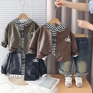 儿童时髦洋气衣服宝宝韩版 2026新款 酷帅三件套 皮衣套装 男童春秋季