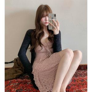 法式甜美蕾丝拼接荷叶边粉色连衣裙2026春夏季掐腰小裙子两件套装