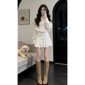 法式高级感白色衬衫连衣裙子女早春2026新款小个子收腰荷叶边短裙