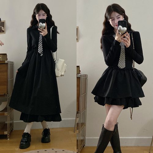 实拍～2025秋季新款法式学院风格纹v领收腰高级感赫本风连衣裙