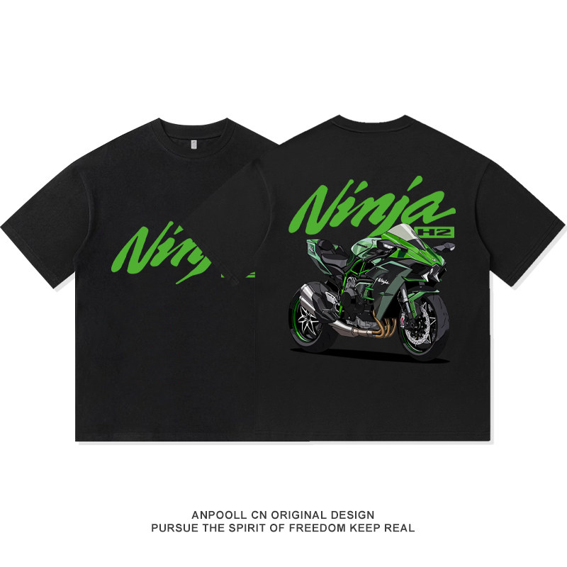 川崎H2摩托车改装文化机车骑士装备纯棉短袖T恤衫上衣服男装宽松