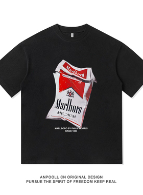 美式烟盒字母万宝路印花重磅纯棉夏季短袖T恤衫男装女宽松上衣服