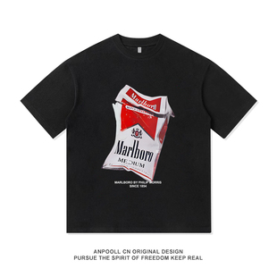 男装 美式 T恤衫 短袖 女宽松上衣服 烟盒字母万宝路印花重磅纯棉夏季