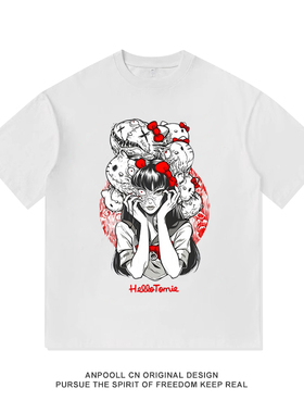 伊藤润二X三丽鸥Hello Kitty与富江联动美式重磅纯棉短袖T恤男女