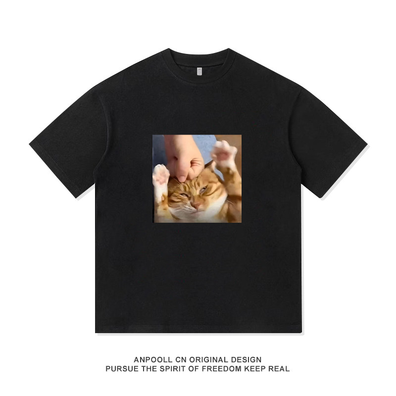 胖橘猫挨打挨锤表情包印花纯棉短袖T恤衫上衣服男装宽松休闲小众