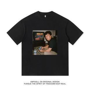 成龙印花复古夏季短袖T恤衫男装小众设计感宽松美式重磅纯棉衣服