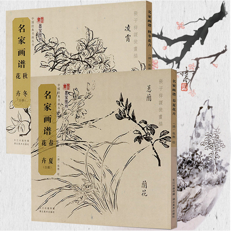 名家画谱秋冬花卉白描春夏花卉白描共2册中国经典书画丛书工笔繁花似锦临摹黑白百花绘画稿底稿写生构图陆抑非王道中书籍