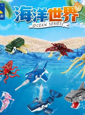 开智80043海洋世界章鱼螃蟹小海龟乌贼蓝鲸组装模型拼装动物积木