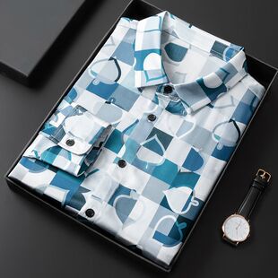 真丝桑蚕丝休闲衬衫男长袖薄款稠缎面上衣清爽透气春秋季花衬衣男