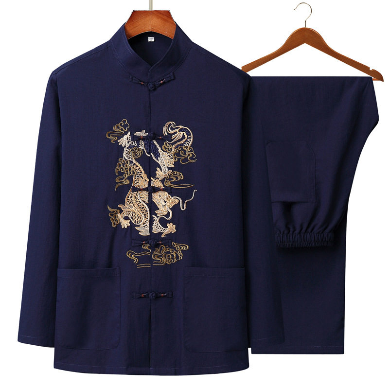 男士中老年大码纯色简约长袖龙纹配套日常气质男款春秋季唐装套装,男装,唐装,淘宝优惠券,粉丝福利购,淘宝优惠卷