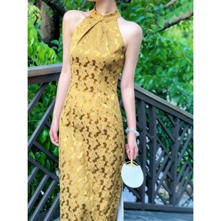 橘里CHIU「枫叶」新中式 晨袍旗袍女 旗袍裙挂脖连衣裙改良削肩无袖