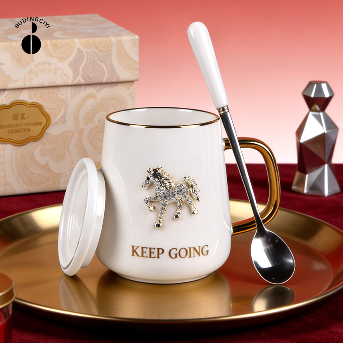 马年镶钻高颜值陶瓷水杯家用大容量马克杯带盖勺咖啡杯子新年礼物,餐饮具,马克杯,淘宝优惠券,粉丝福利购,淘宝优惠卷