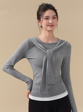 IUIU YOGO秋冬瑜伽服女假两件系带运动上衣打底长袖t恤训练健身服