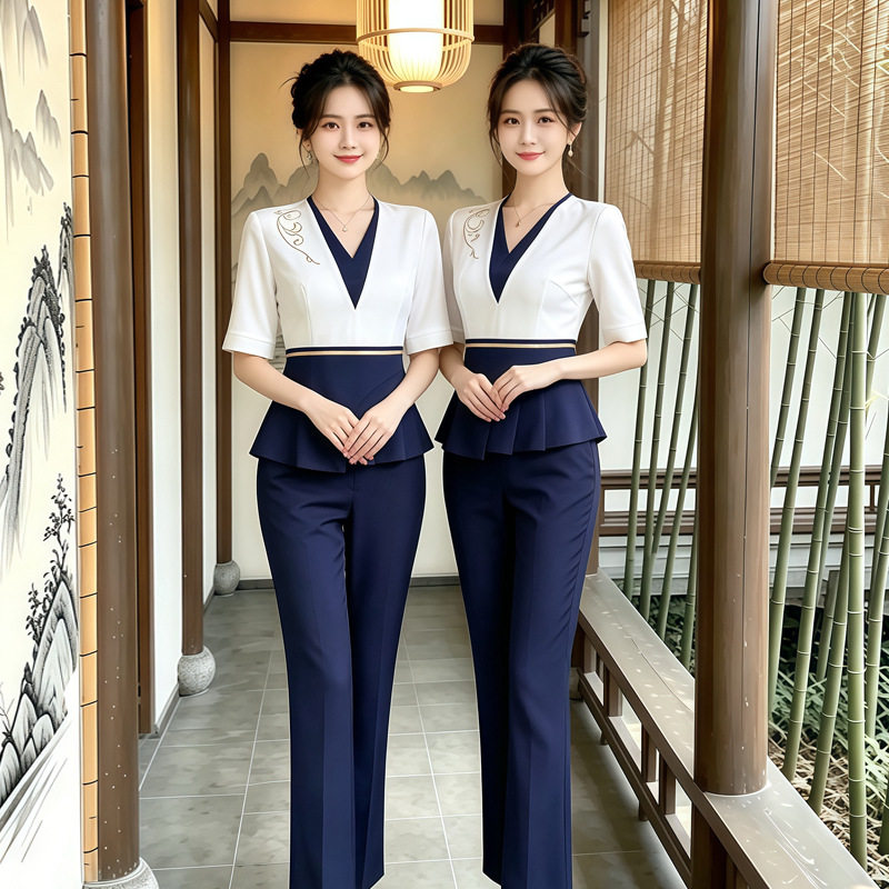 夏装新款足疗足浴技师工作服女茶艺馆按摩spa养生会所套装