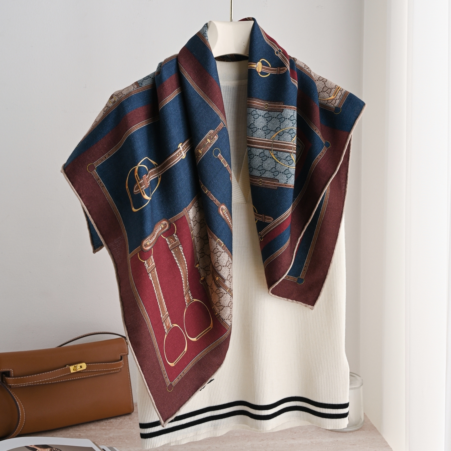 伦敦下午茶 丝毛大方巾经典印记真丝羊毛围巾秋冬季保暖披肩85cm