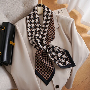 复古撞色千鸟格子双面斜纹真丝丝巾格纹长条飘带桑蚕丝围巾女领巾