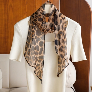 复古豹纹桑蚕丝围巾薄款夏季飘带乔其纱斜角丝巾女细长条真丝长巾