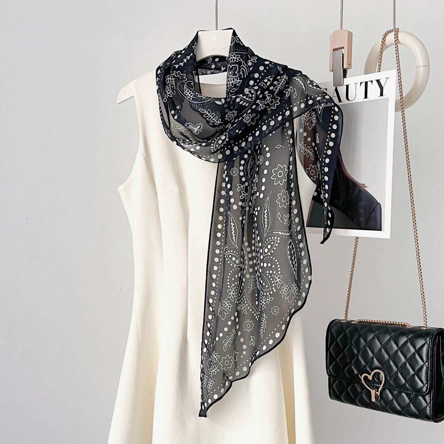 腰果伴波点 春夏桑蚕丝围巾黑白真丝雪纺斜角长条飘带薄防晒丝巾