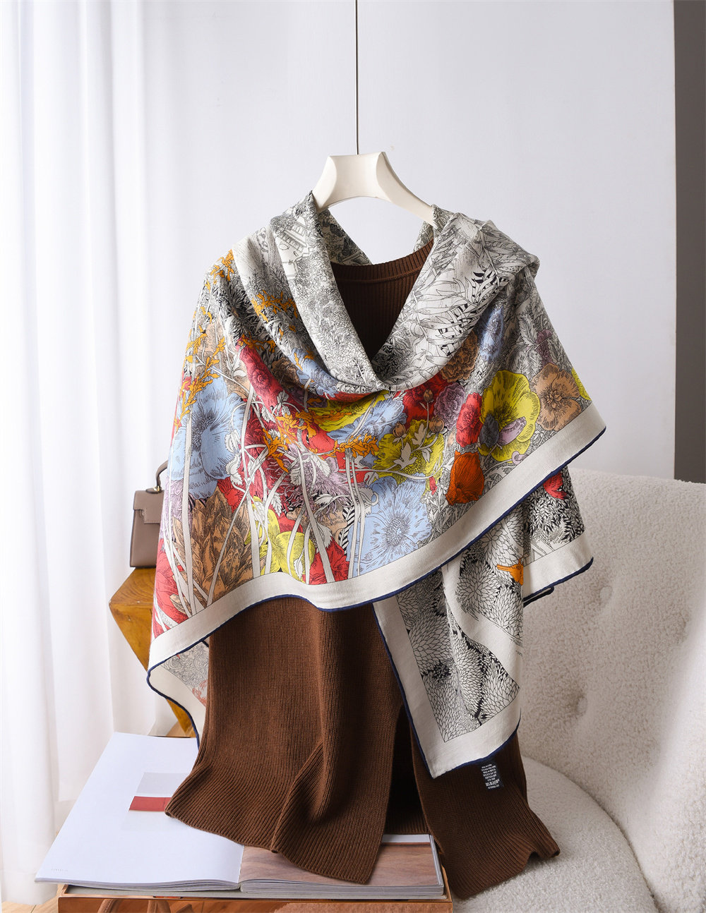 回归自然丝毛大方巾灰色真丝羊毛围巾加厚秋冬季丝绒保暖披肩送礼