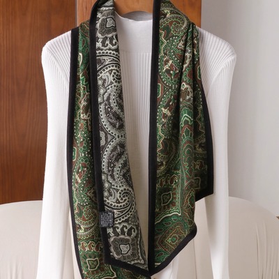 绿色佩斯利 双面丝毛飘带真丝羊毛围巾秋冬复古保暖丝巾长条领巾