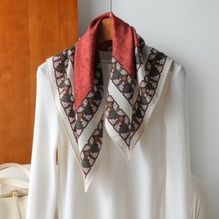 铁锈红色 花瓣丝毛方巾复古晕染围巾26春季新款桑蚕丝羊毛丝巾女