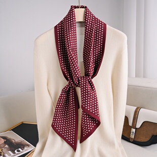 安克拉红波点双面丝毛飘带长条真丝羊毛围巾秋冬保暖双层斜角领巾