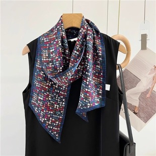 多彩宝石双面真丝围巾领巾波普双层细长条丝巾桑蚕丝百搭斜角飘带
