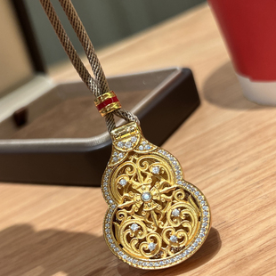 32g 卷草纹阿弥陀佛古法沙金棕绳纯银葫芦福禄双全项链镶钻黄金色