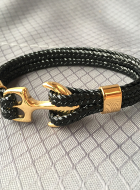 新款金色钛钢不锈钢皮绳多层手链