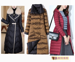 女轻薄中长款过膝白鸭绒羽绒服大毛领立两面穿连帽抽绳收腰外套码