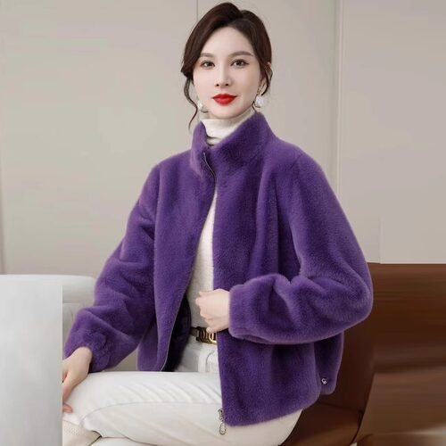 水貂绒皮毛一体短款外套女2026新款妈妈时尚立领轻奢女装皮草