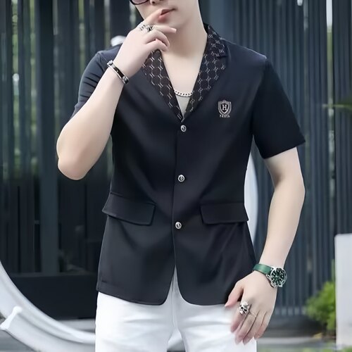 欧货轻奢夏季薄款翻领开衫短袖西服装男士修身半袖小西装t恤上衣