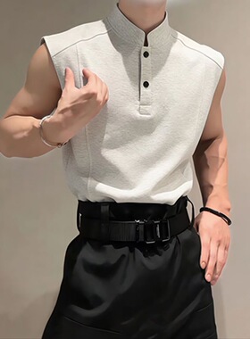 白灰色亨利领坎肩背心男夏美式立领无袖polo衫t恤boxy重磅老头衫