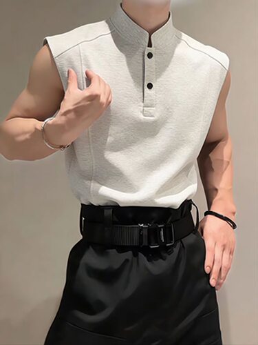 白灰色亨利领坎肩背心男夏美式立领无袖polo衫t恤boxy重磅老头衫