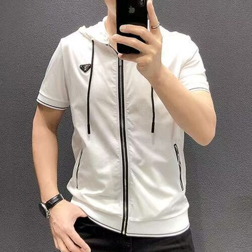 欧货夏季韩版潮流男士拉链短袖连帽开衫防晒服百搭半袖t恤带帽子