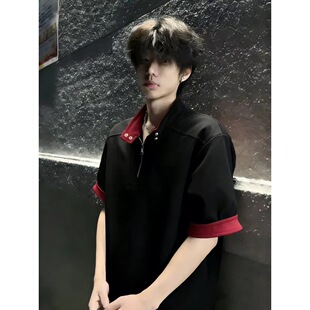 撞色拼接polo衫短袖男款夏季高级感潮流半拉链t恤解构设计感半袖