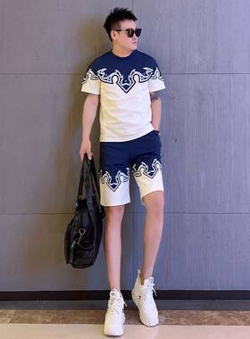 欧洲站轻奢时尚男士套装夏季新款个性小众设计圆领短袖短裤两件套