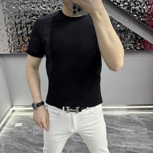 夏季新款简约纯色短袖T恤衫男士轻奢拼接百搭圆领套头上衣服