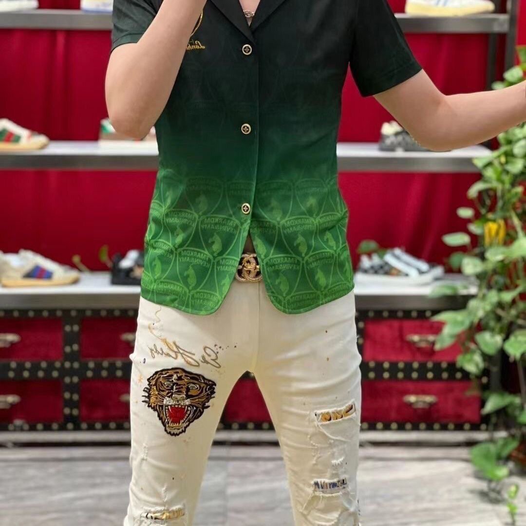 夏季男士短袖衬衫绿黑渐变印花西装领衬衣欧洲站潮流修身外套