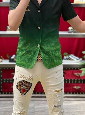 夏季男士短袖衬衫绿黑渐变印花西装领衬衣欧洲站潮流修身外套