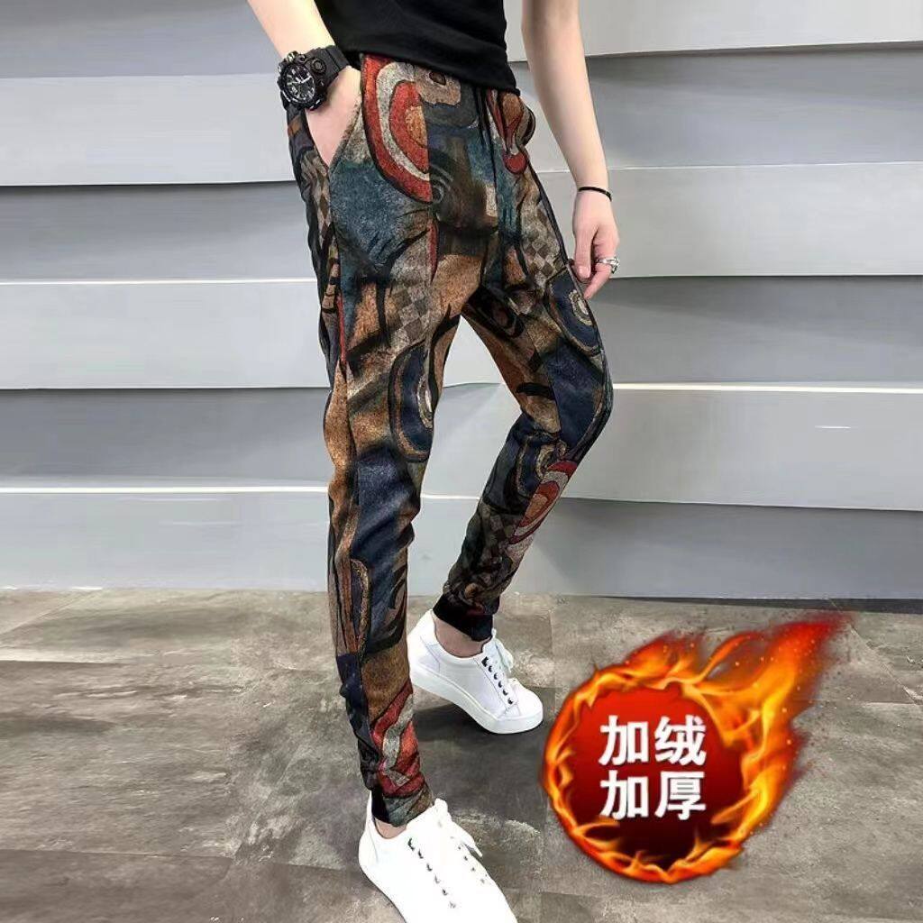 欧洲站秋冬新款潮流个性印花休闲裤男士潮牌修身加绒保暖小脚长裤
